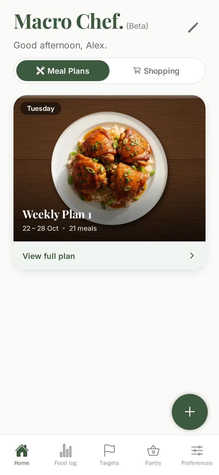 The Macro Chef home screen: Meal Plans selected beside Shopping, and this week's plan with Tuesday's sticky roast chicken thighs.