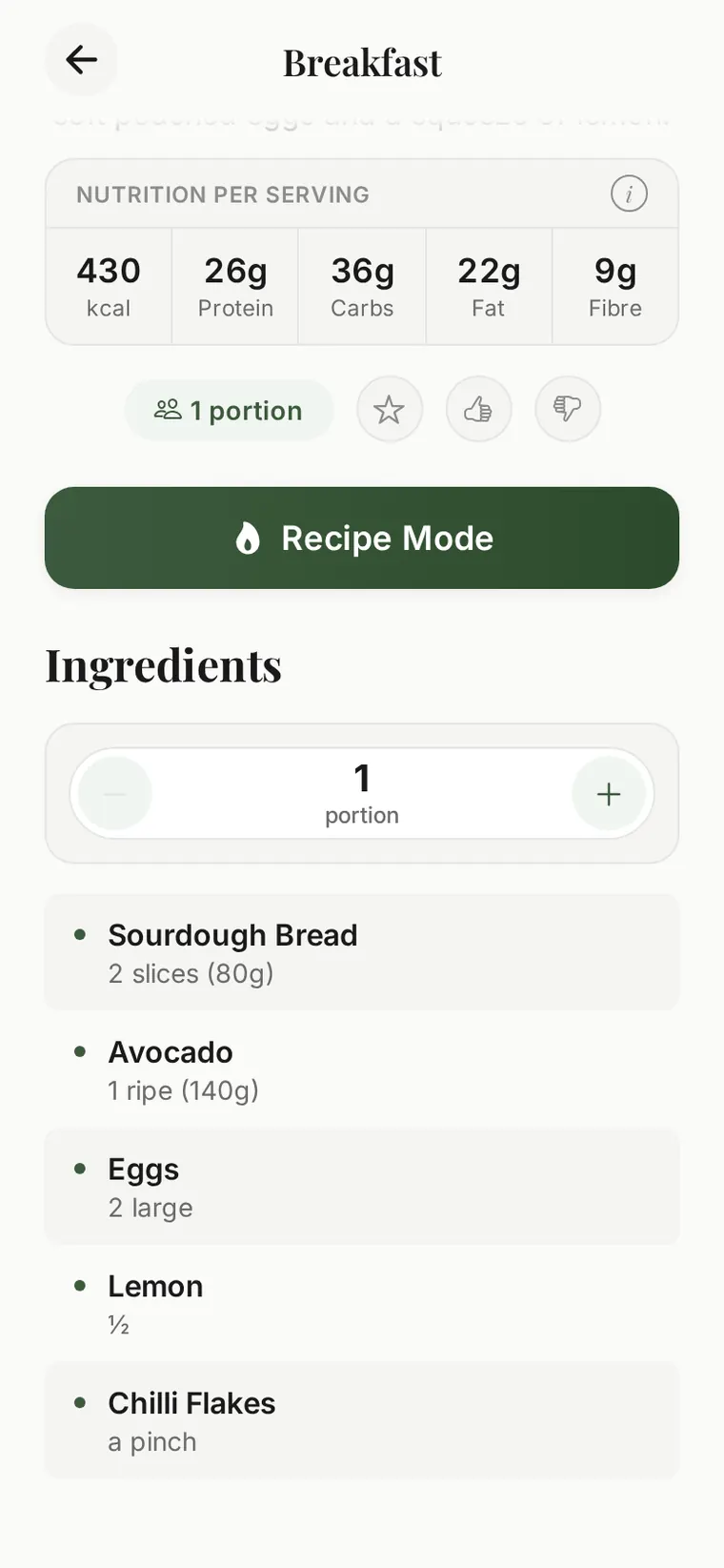 A breakfast recipe: nutrition per serving, a Recipe Mode button and the ingredients list.