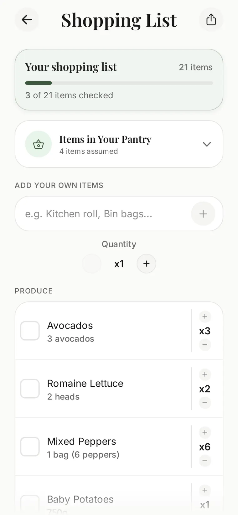 A shopping list with 21 items and an Items in Your Pantry row showing 4 items assumed, so they are left off the list.